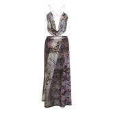 Flower print contrast cowl neck ruched cross back backless midi skirt set